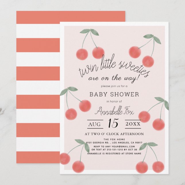 Twin Little Sweeties Cherries Pink Baby Shower Invitation (Front/Back)