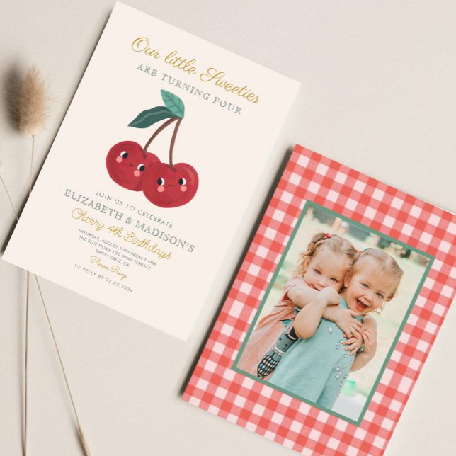 Twin little sweeties Cherry First Birthday  Invitation (Creator Uploaded)