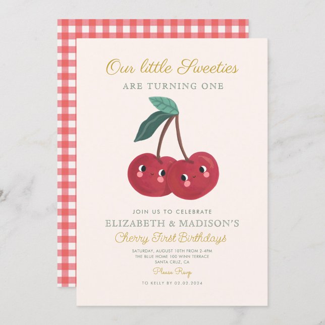 Twin little sweeties Cherry First Birthday  Invitation (Creator Uploaded)