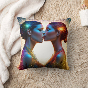 Twin Models Kissing With Colorful Sparkles Cushion