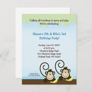Twin Monkey Birthday Invitation (Smaller Invite)