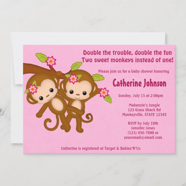 TWIN Monkeys Baby Shower Invitations PINK MM2 (Front)