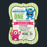Twin Monsters Birthday Party Invitation<br><div class="desc">Fun, cute monster theme children's, twin's birthday party invite on bright green stripes pattern. Features blue and hot pink, red cartoon monsters. One and 1st birthday can be personalised to other birthdays for toddlers, kids, or babies, baby. Neutral invite that can be used for twin boys, twin girls, or boy...</div>