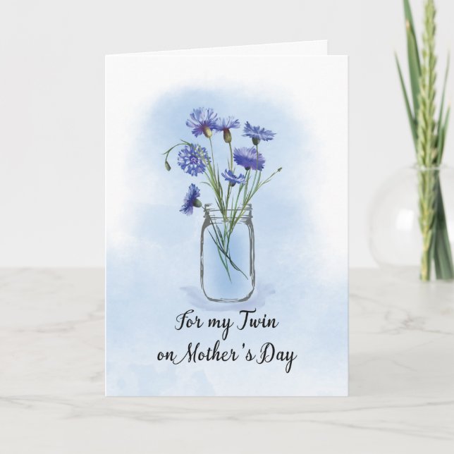 Twin Mothers Day Cornflowers in Mason Jar Card (Front)
