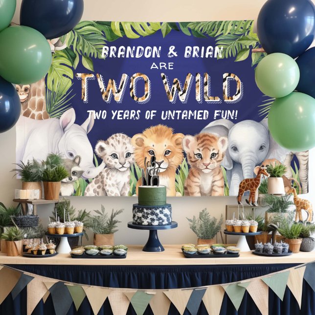 Twin Navy Blue Two Wild Safari Themed backdrop Banner (Twins, Navy Blue Safari Animals Birthday backdrop)