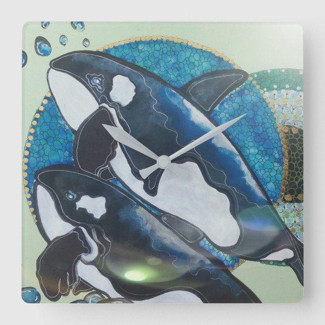 Twin orcas square wall clock (Front)
