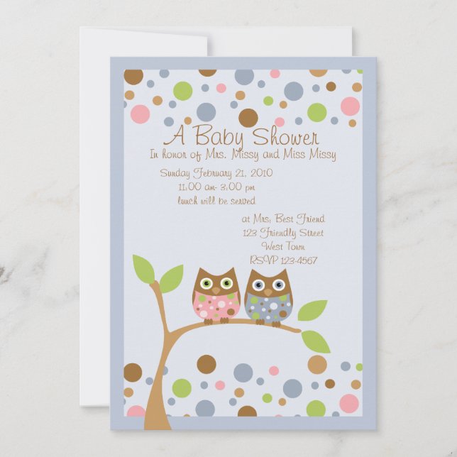 Twin Owl Baby Shower Invitation (Front)