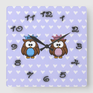 twin owl princess & prince square wall clock