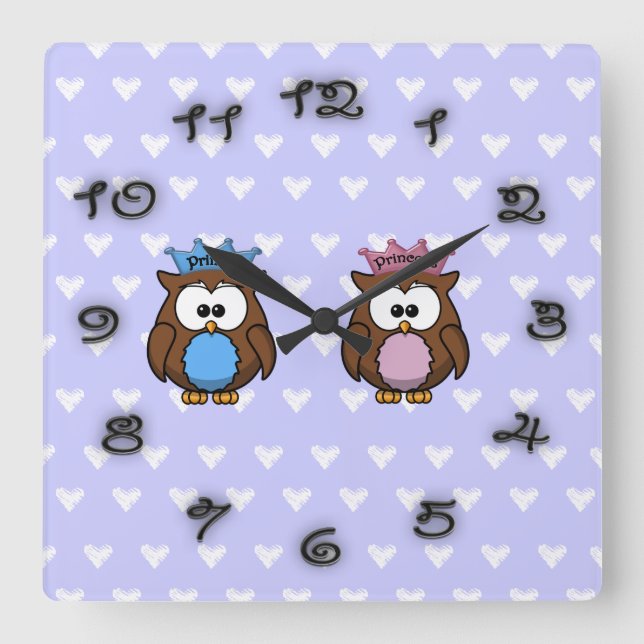 twin owl princess & prince square wall clock (Front)