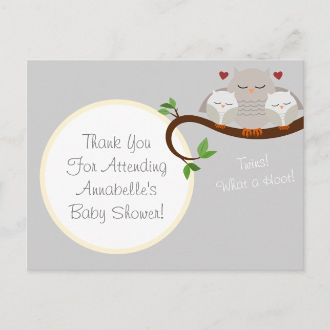 Twin Owls Baby Shower Thank You Postcard (Front)
