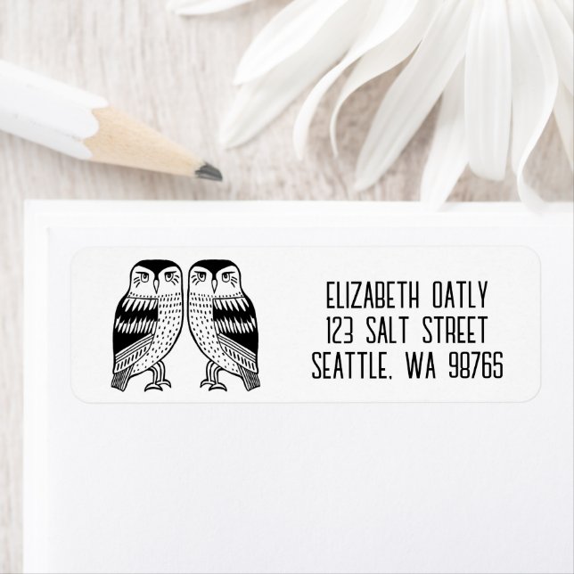 Twin Owls Line Drawing Cute CUSTOM Return Address (Insitu)