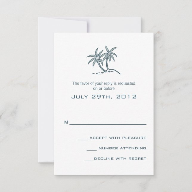 Twin Palm Trees Blue Tropical Beach Wedding RSVP Card (Front)