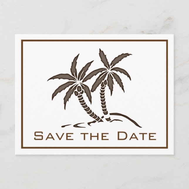 Twin Palm Trees Brown Tropical Save the Date Announcement Postcard (Front)