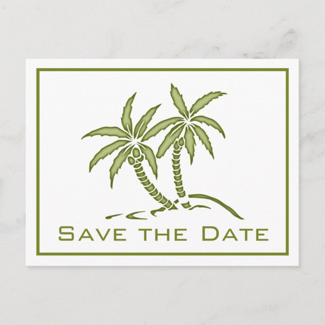 Twin Palm Trees Green Tropical Save the Date Announcement Postcard (Front)