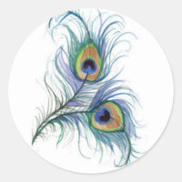 Twin Peacock Feather Pencil Drawing Button