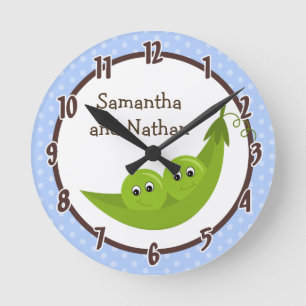 Twin Peas in a Pod Blue Polka Personalised Clock