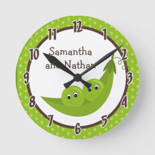 Twin Peas in a Pod Green Polka Personalised Clock