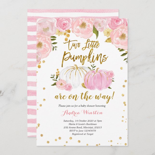 Twin Pink and Gold Pumpkin Baby Shower Invitation (Front/Back)