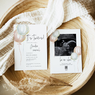 TWIN Pink & Blue Balloon Gender Reveal baby shower Invitation
