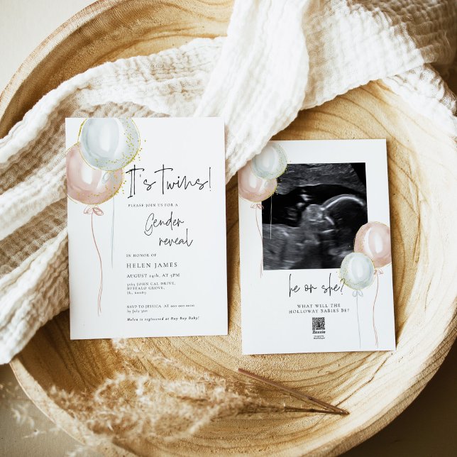 TWIN Pink & Blue Balloon Gender Reveal baby shower Invitation (Creator Uploaded)