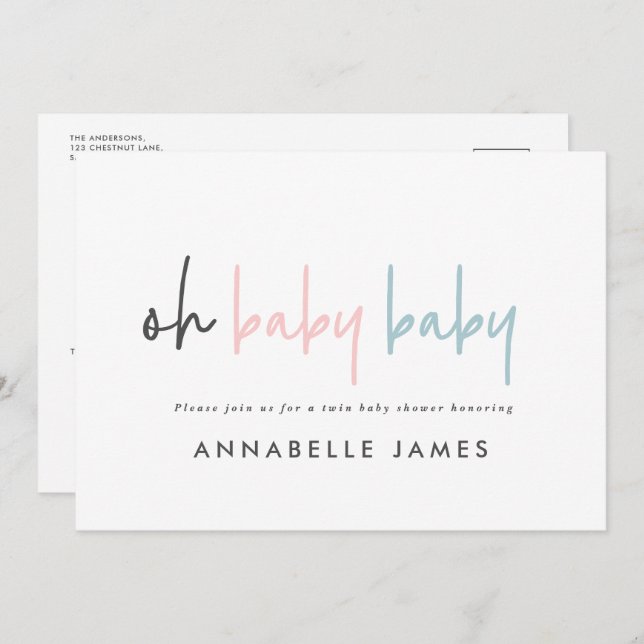 twin pink blue modern typography contemporary chic invitation (Front/Back)