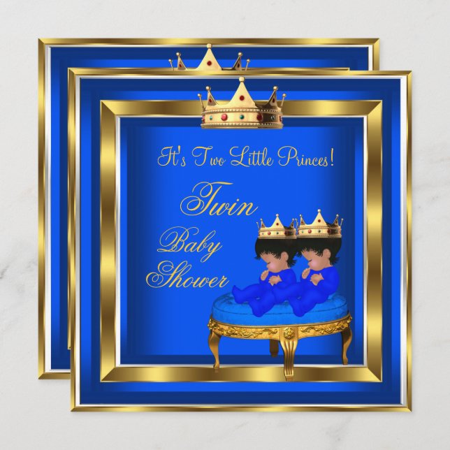 Twin Prince Baby Shower Royal Blue Gold Boy Crown Invitation (Front/Back)