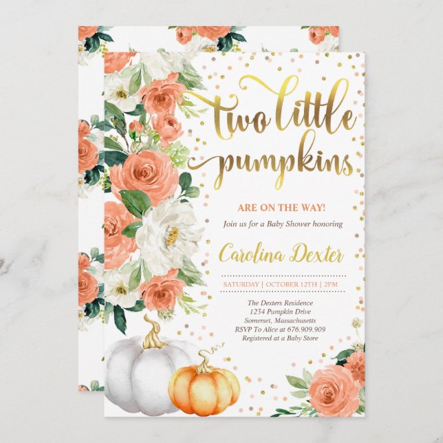 Twin Pumpkin Baby Shower Invitation Orange & Gold (Front/Back)