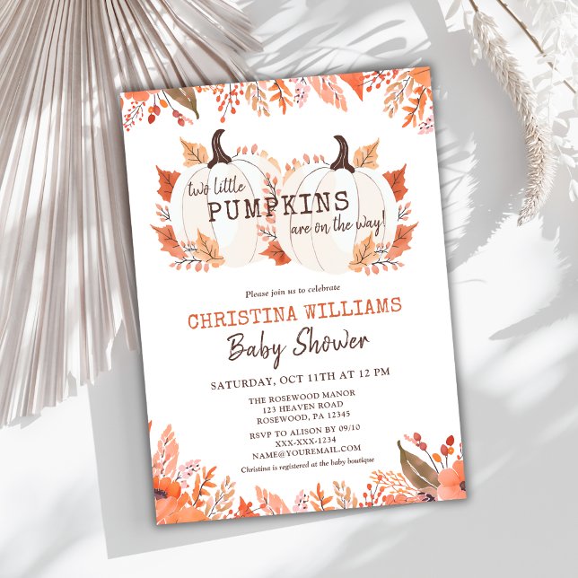 Twin Pumpkin Floral Watercolor Fall Baby Shower Invitation (Creator Uploaded)