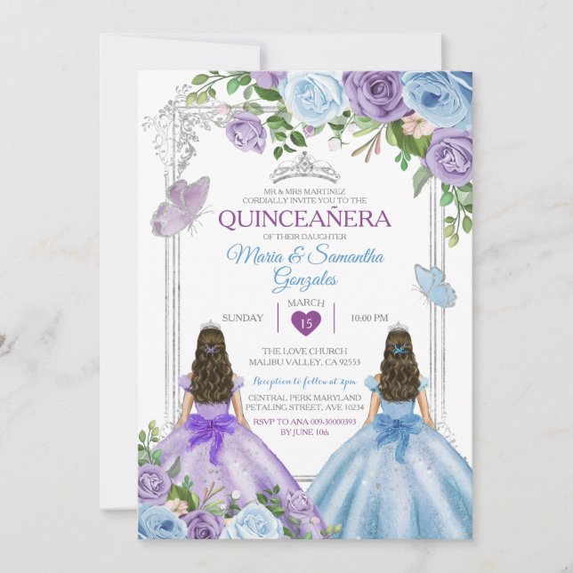 Twin Purple And Blue Butterfly Silver Quinceañera Invitation (Front)