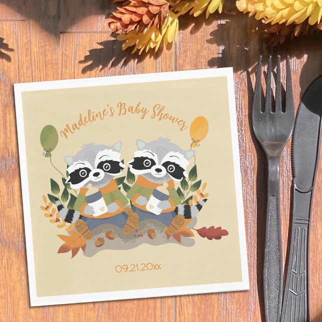 Twin Raccoons Woodland Baby Shower Paper Napkins (Creator Uploaded)