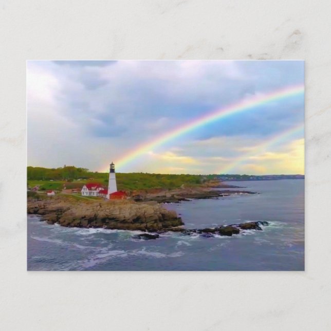 Twin Rainbows and Lighthouse Postcard (Front)