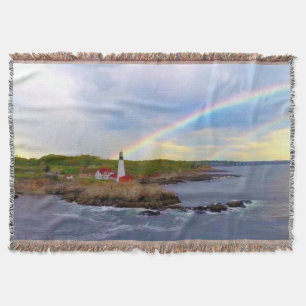 Twin Rainbows and Lighthouse Throw Blanket
