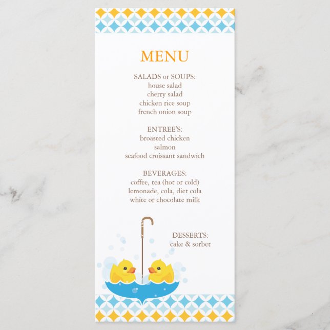 Twin Rubber Duckies Baby Shower Menu (Front)