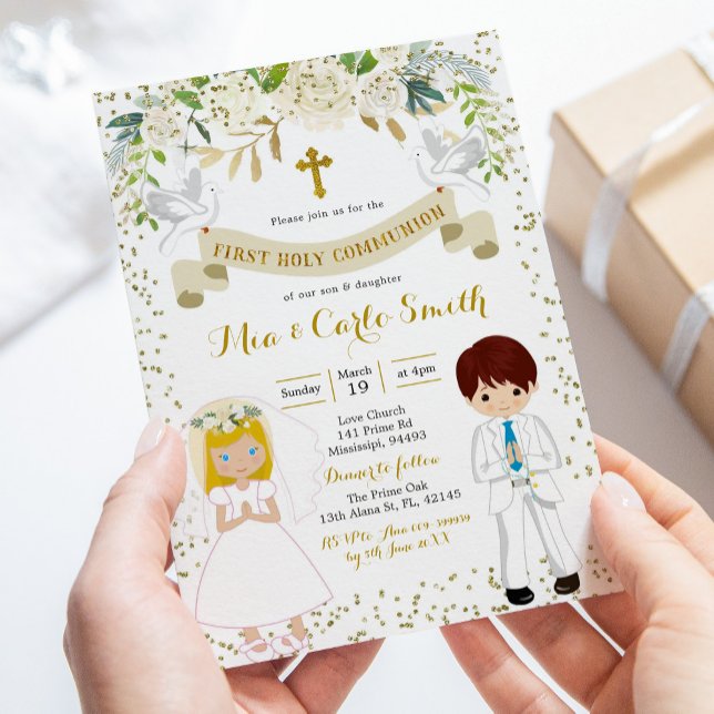 Twin Sibling Boy Blonde Girl First Holy Communion Invitation (Creator Uploaded)