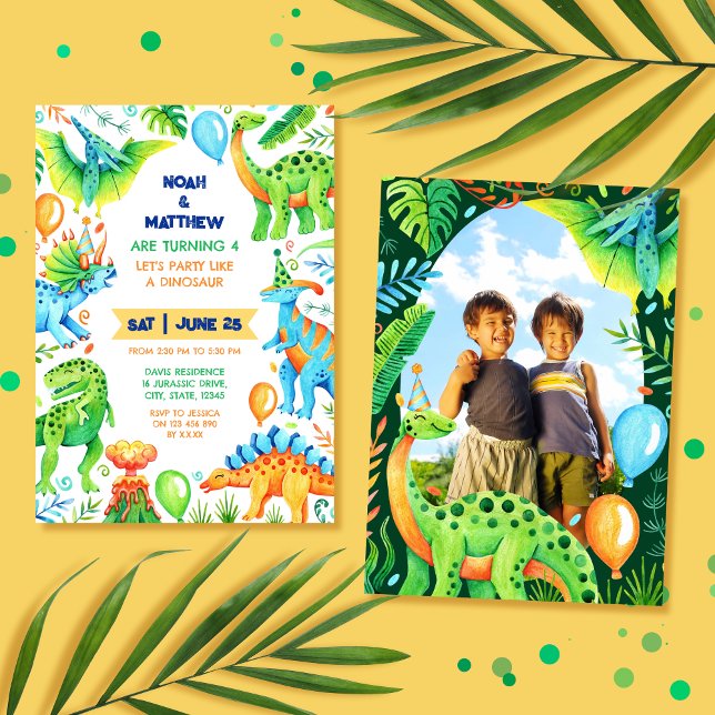 Twin Siblings Joint Dinosaur Birthday Boys Photo Invitation (Twin Siblings Joint Dinosaur Birthday Boys Photo Invitation)