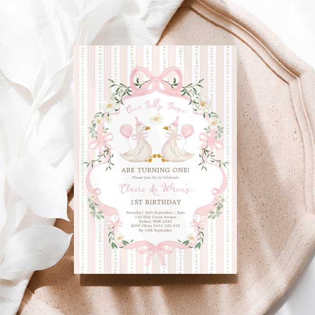 Twin Silly Geese Pink Bow Sibling Girls Birthday Invitation (Creator Uploaded)