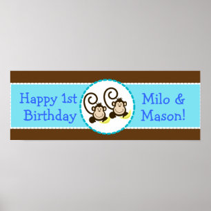 TWIN Silly Monkeys Personalised Birthday Banner Poster