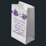 Twin Sister Birthday with Polka Dot Ribbon  Small Gift Bag<br><div class="desc">Twin sister quote with purple and white polka dot ribbon and cosmos flower on light grey rustic barn wood.
Text can be edited.</div>