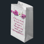 Twin Sister Birthday with Polka Dot Ribbon  Small Gift Bag<br><div class="desc">Twin sister quote with pink and white polka dot ribbon and cosmos flower on light grey rustic barn wood.
Text can be edited.</div>