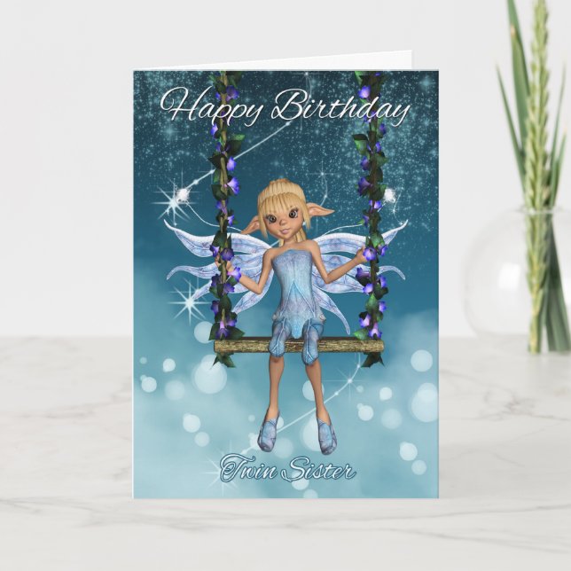Twin Sister Happy Birthday cute fairy on swing Card (Front)