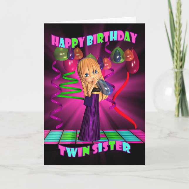 Twin Sister Happy Birthday with Cute little Cutie Card (Front)