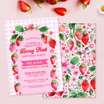 Twin Sisters Joint Strawberr Berry First Birthday  Invitation<br><div class="desc">This strawberry design is ideal for baby girl twin sisters for a joint Berry First birthday party. The front features a pink arch with red watercolor strawberries and blossoms on top of a pink gingham check design. On the back of the invitation is an adorable watercolor strawberries pattern with florals...</div>