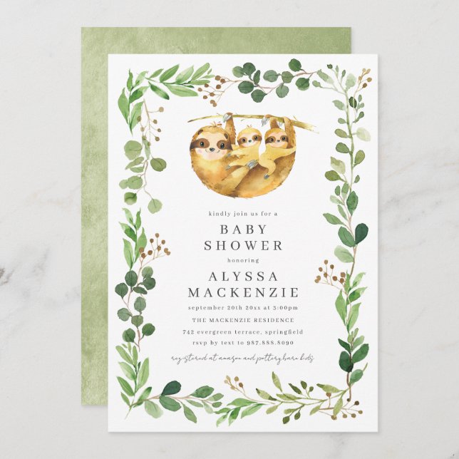 Twin Sloth Baby Shower Invitation (Front/Back)