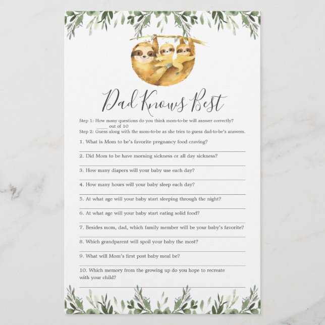 Twin Sloths Baby Shower Dad Knows Best Game (Front)