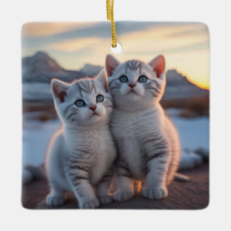 Twin Snowy Mountain Winter Kittens Ceramic Ornament