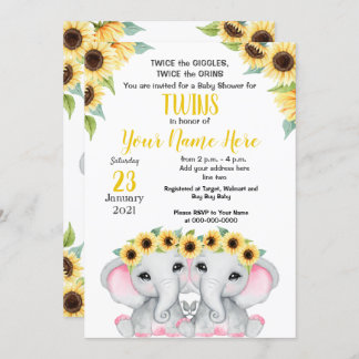 TWIN Sunflower Girls Elephant Yellow Pink Shower Invitation