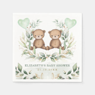 Twin Teddy Bears Greenery Gold Balloon Baby Shower Napkin
