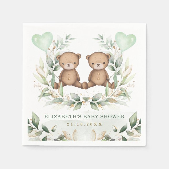 Twin Teddy Bears Greenery Gold Balloon Baby Shower Napkin (Front)
