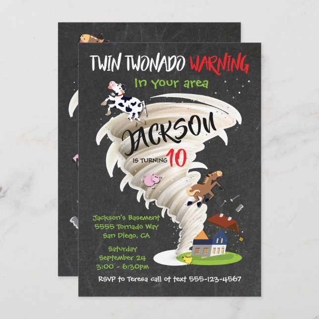 Twin Tornado Birthday Party Invitation (Front/Back)
