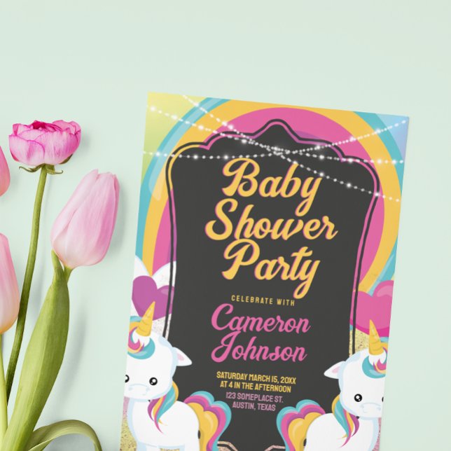 Twin Unicorns Baby Shower Cute Colourful Invitation (twin unicorns colorful happy vibe card design.)